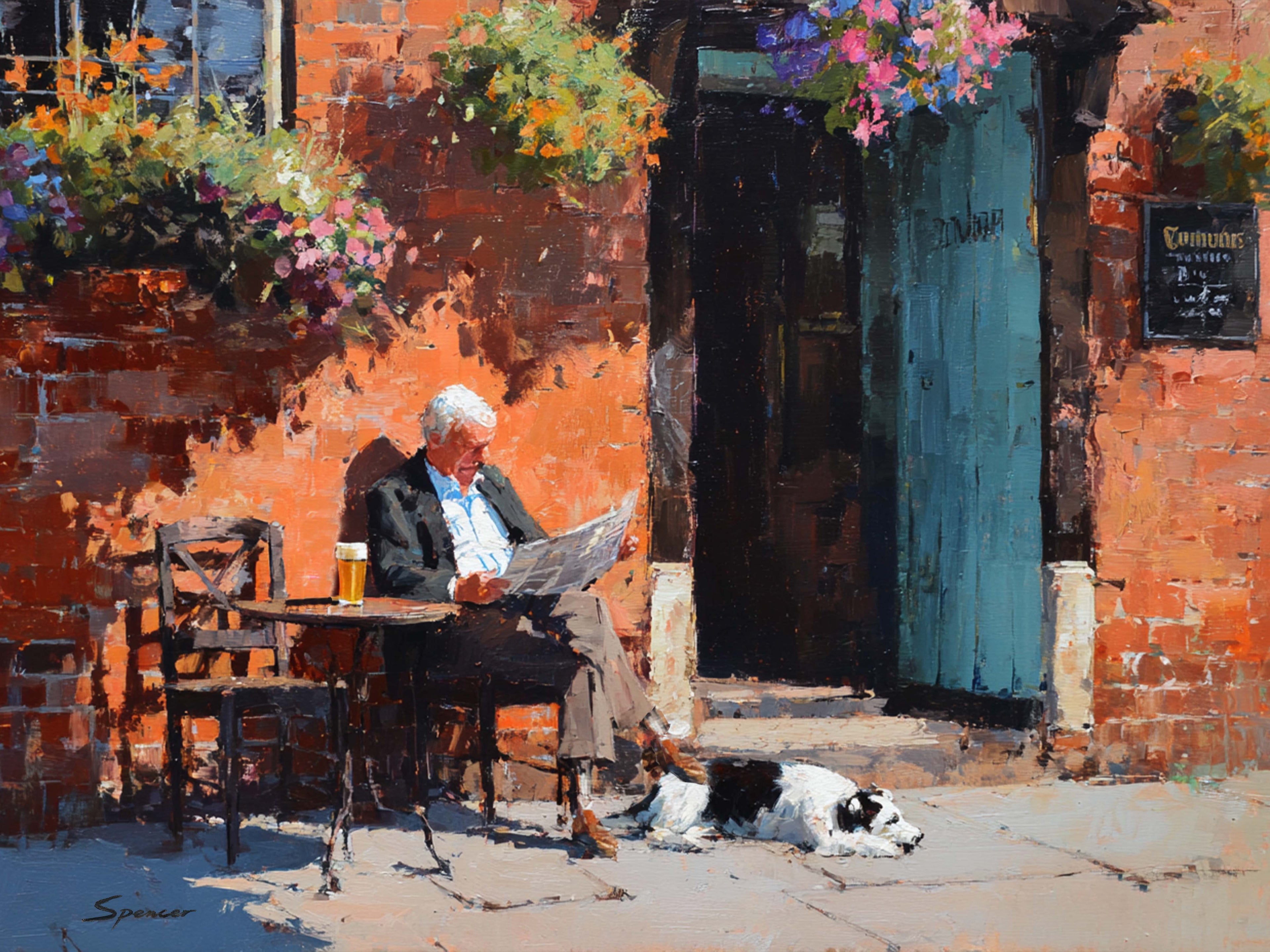 An impressionistic painting of a man sitting at a small outdoor cafe table reading a newspaper, with a black-and-white dog lying nearby, set against a red brick building with a blue door and hanging flower baskets.
